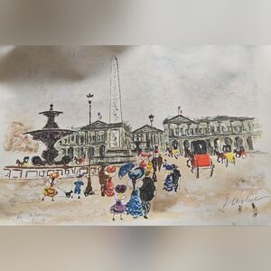 Urbain Huchet Place de la Concorde Signed Lithograph 29x21 - RARE!!